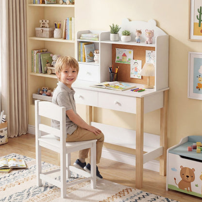 White Study Desk Chair Set with Storage Hutch | Cork Board
