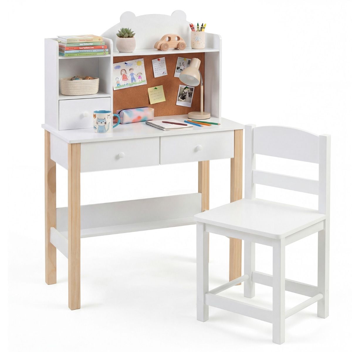 White Study Desk Chair Set with Storage Hutch | Cork Board