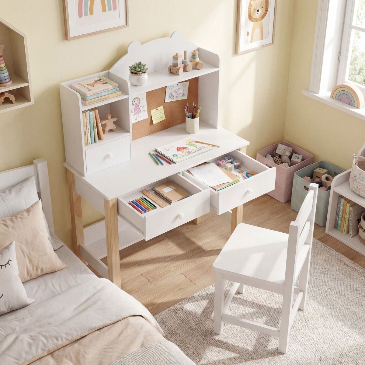 White Study Desk Chair Set with Storage Hutch | Cork Board