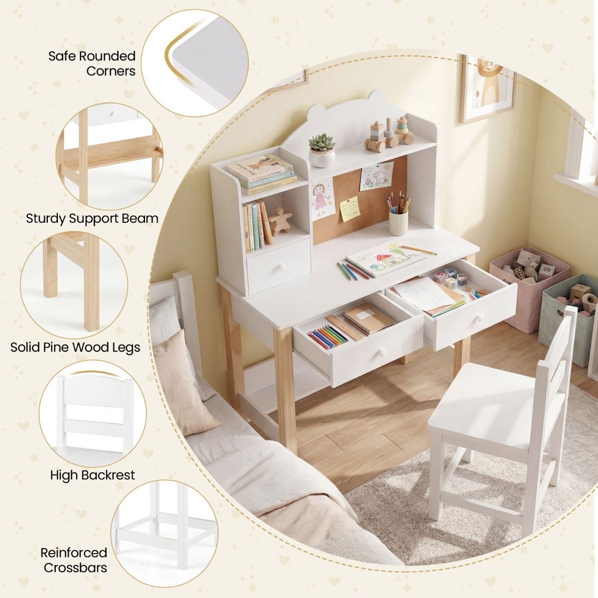 White Study Desk Chair Set with Storage Hutch | Cork Board