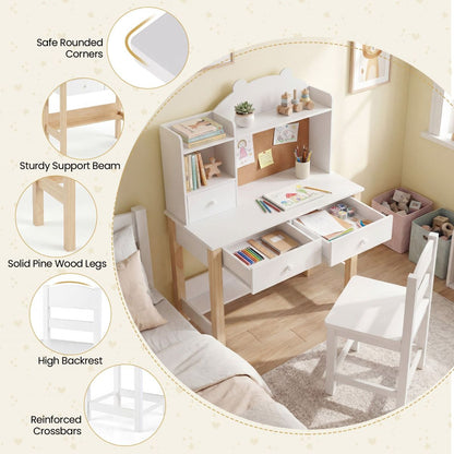 White Study Desk Chair Set with Storage Hutch | Cork Board
