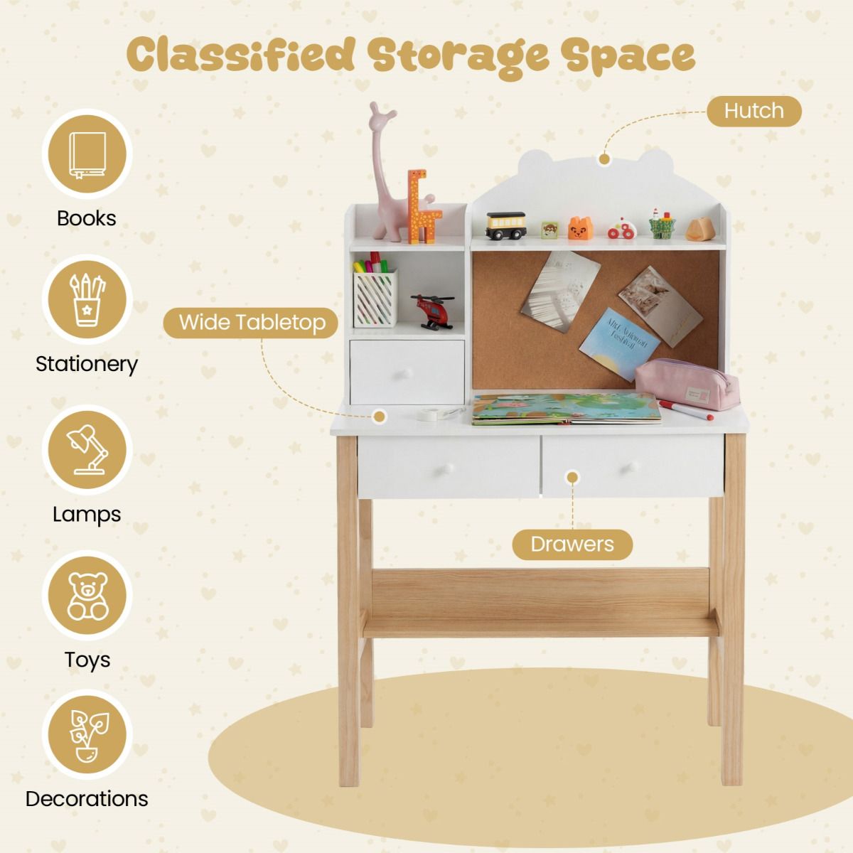 White Study Desk Chair Set with Storage Hutch | Cork Board