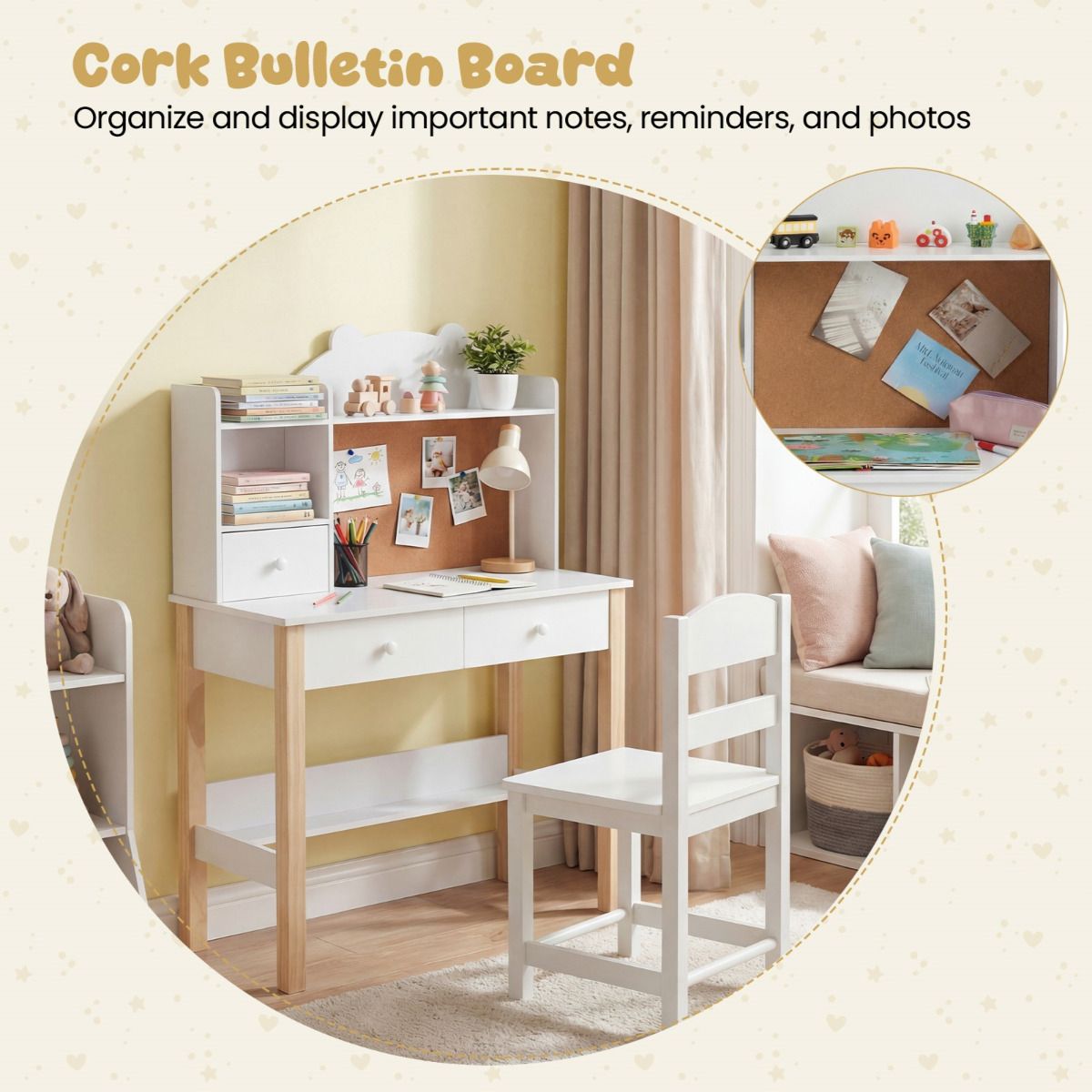 White Study Desk Chair Set with Storage Hutch | Cork Board