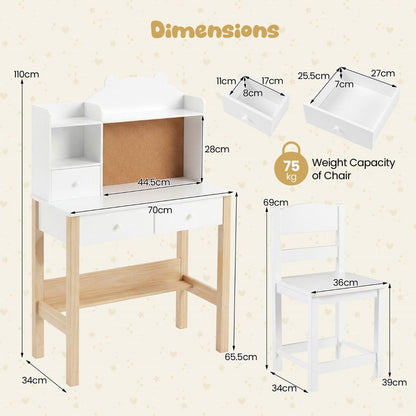 White Study Desk Chair Set with Storage Hutch | Cork Board