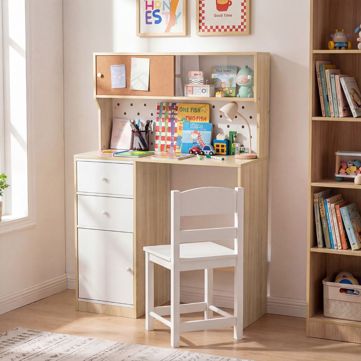 Kids Desk Chair Set Natural White | 2 Cabinets 2 Drawers Cork