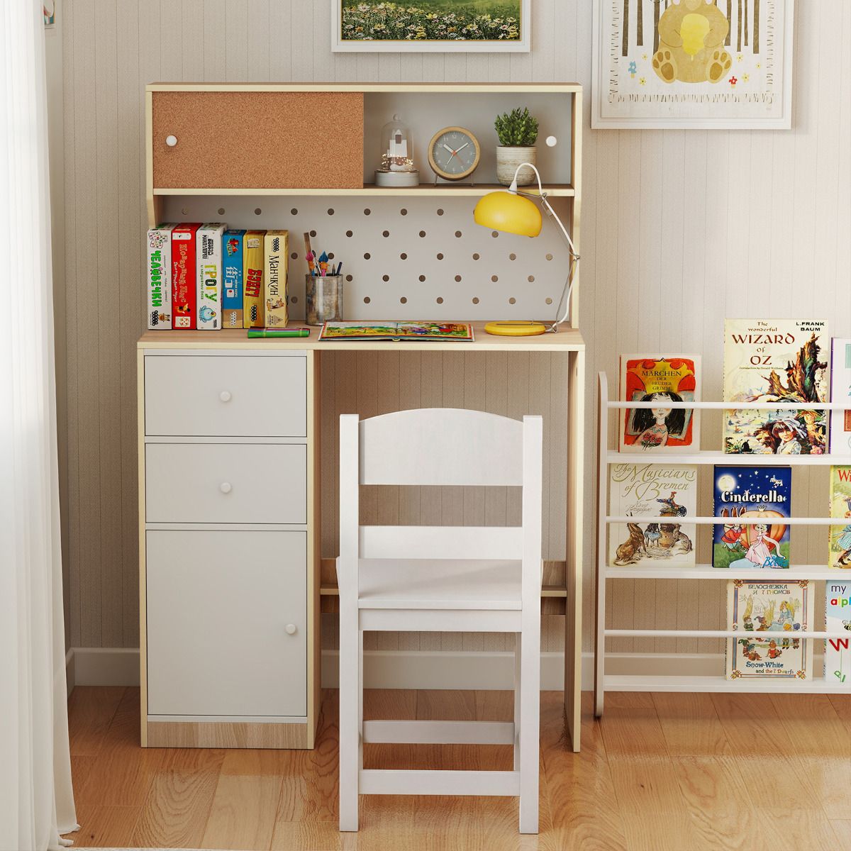 Kids Desk Chair Set Natural White | 2 Cabinets 2 Drawers Cork