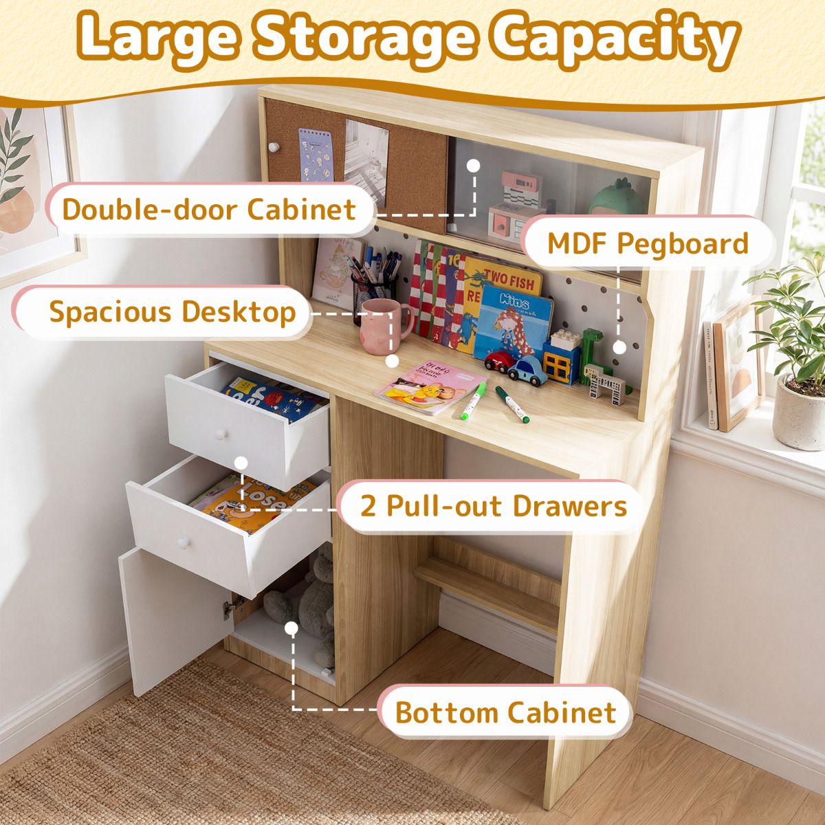 Kids Desk Chair Set Natural White | 2 Cabinets 2 Drawers Cork