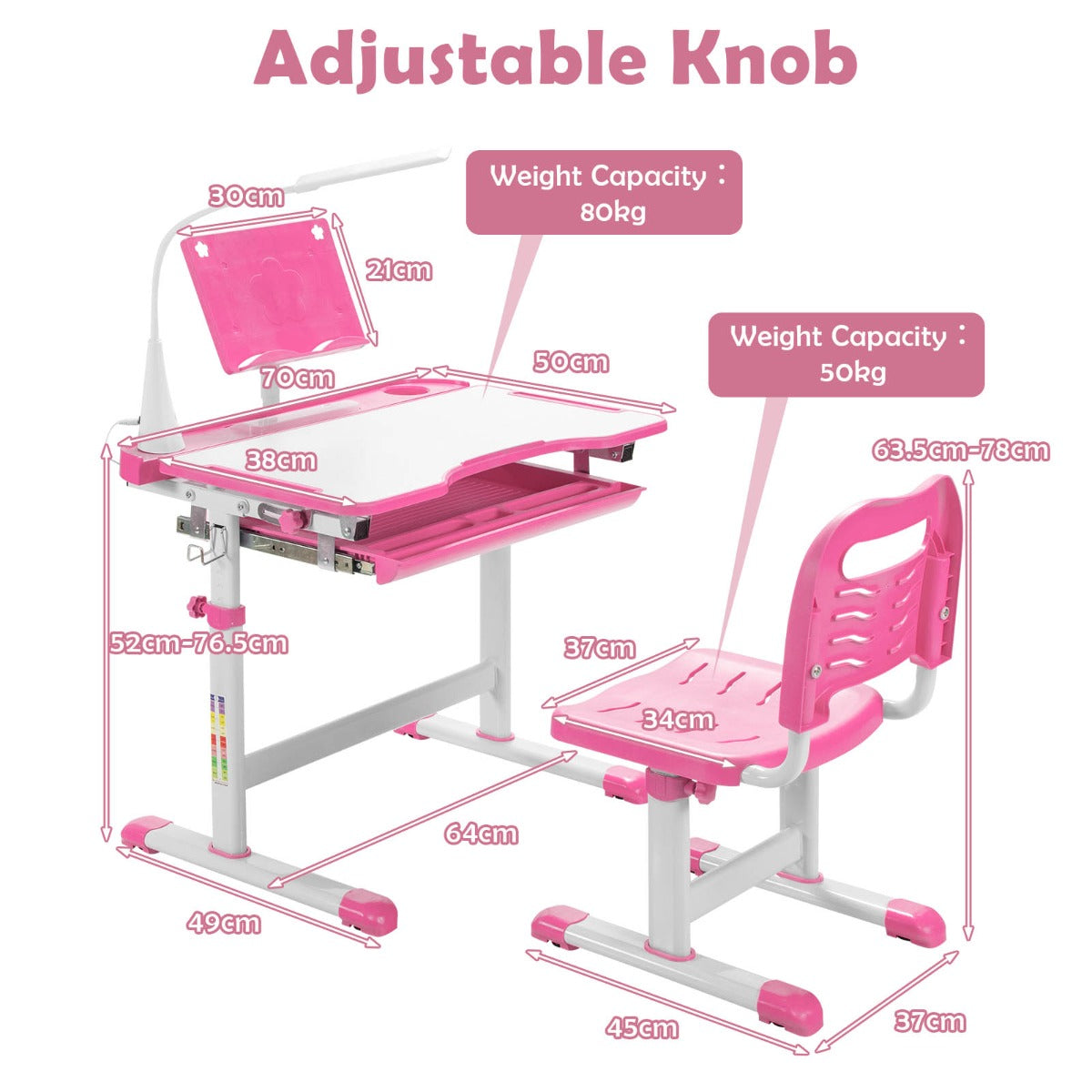 Kids study desk and chair set in pink with LED light for comfortable learning.