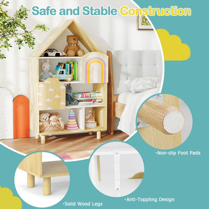 Natural Kids House Bookshelf | 5 Compartments Solid Wood Legs