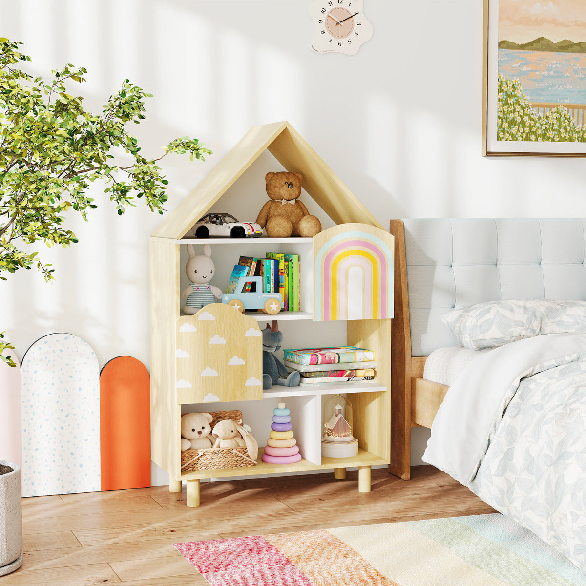 Kids Dollhouse Bookshelf with Anti-toppling System and Solid Wood Legs-Natural