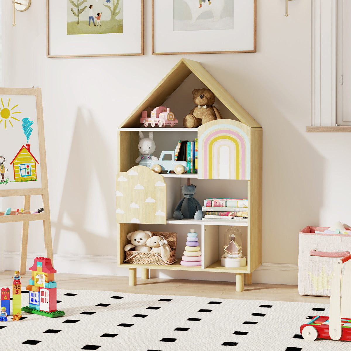 Natural Kids House Bookshelf | 5 Compartments Solid Wood Legs