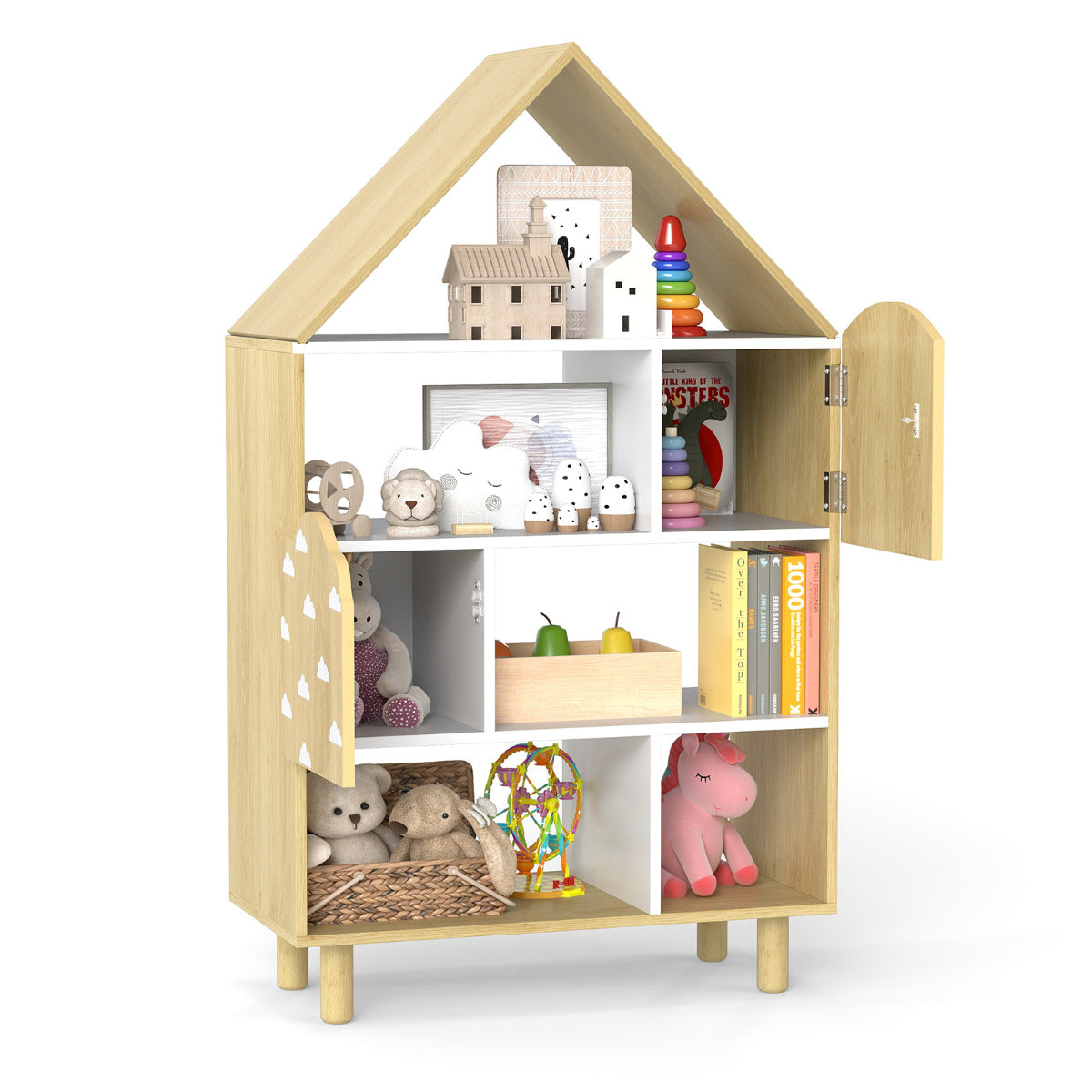 Natural Kids House Bookshelf | 5 Compartments Solid Wood Legs