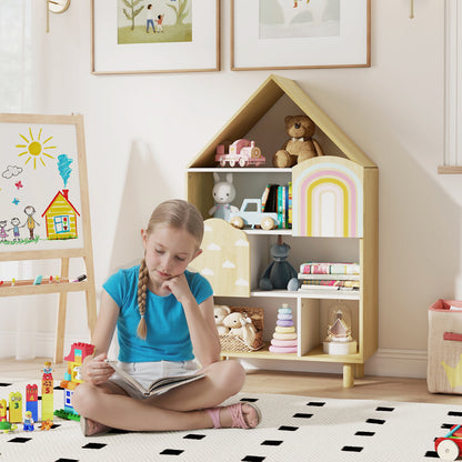 Natural Kids House Bookshelf | 5 Compartments Solid Wood Legs
