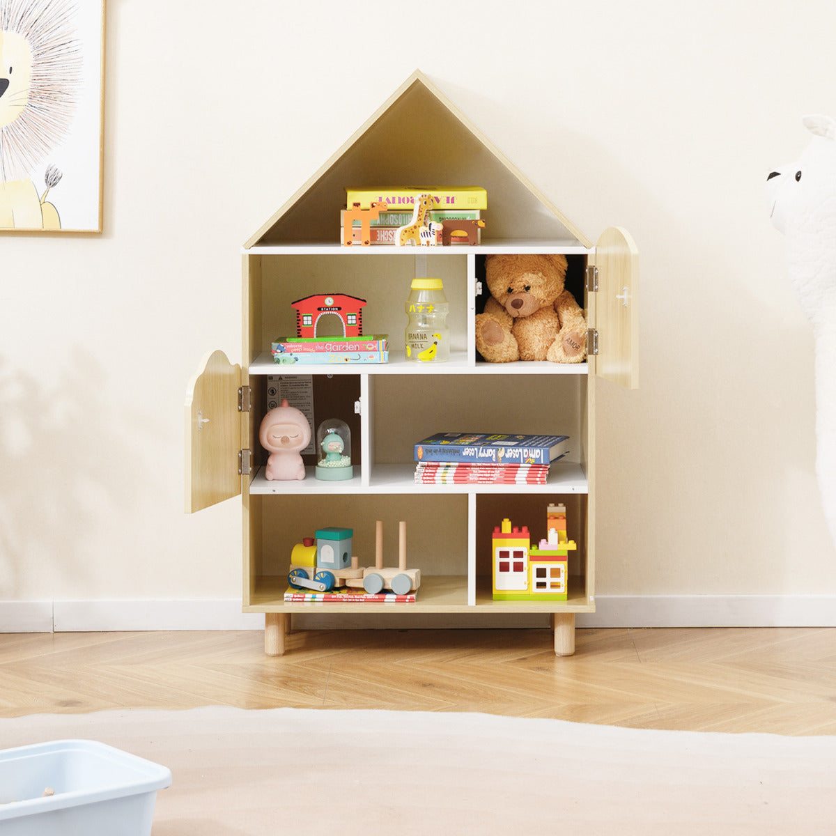 Natural Kids House Bookshelf | 5 Compartments Solid Wood Legs