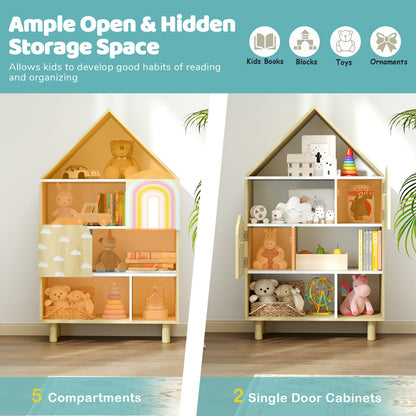 Natural Kids House Bookshelf | 5 Compartments Solid Wood Legs