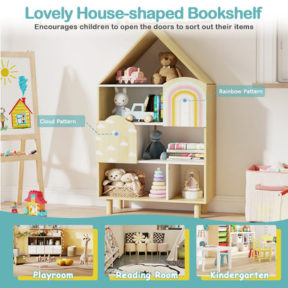 Natural Kids House Bookshelf | 5 Compartments Solid Wood Legs