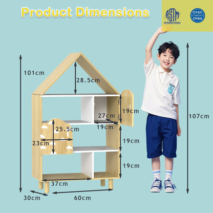 Natural Kids House Bookshelf | 5 Compartments Solid Wood Legs