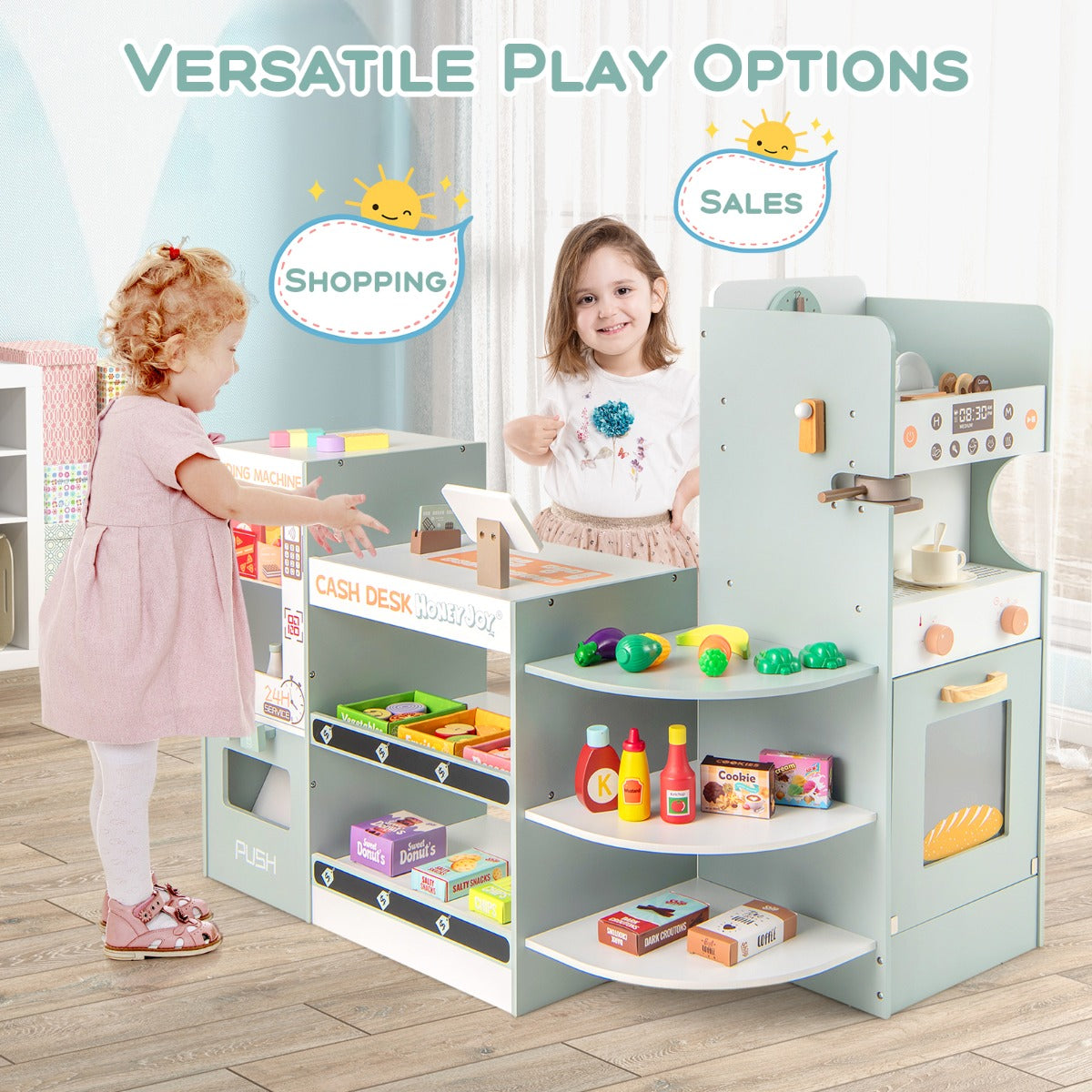 Costway Kids Grocery Store Playset Wooden Pretend Play Supermarket-Green