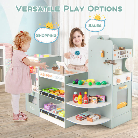 Costway Kids Grocery Store Playset Wooden Pretend Play Supermarket-Green