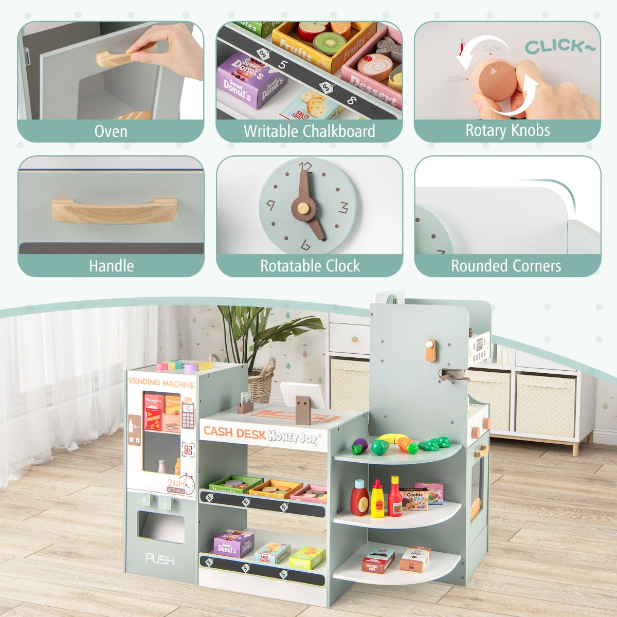 Green Wooden Grocery Store Playset | Vending Machine & Cashier