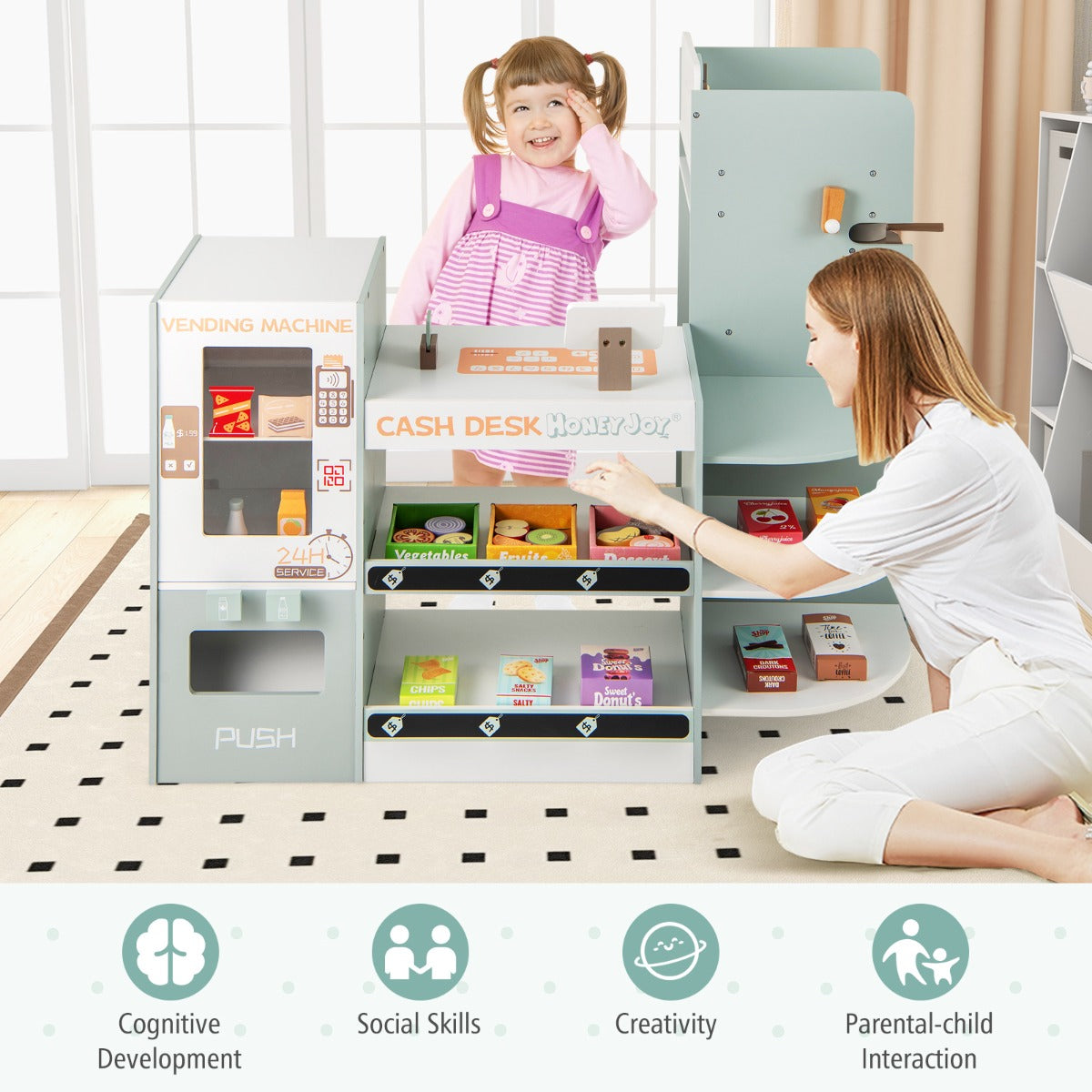 Green Wooden Grocery Store Playset | Vending Machine & Cashier