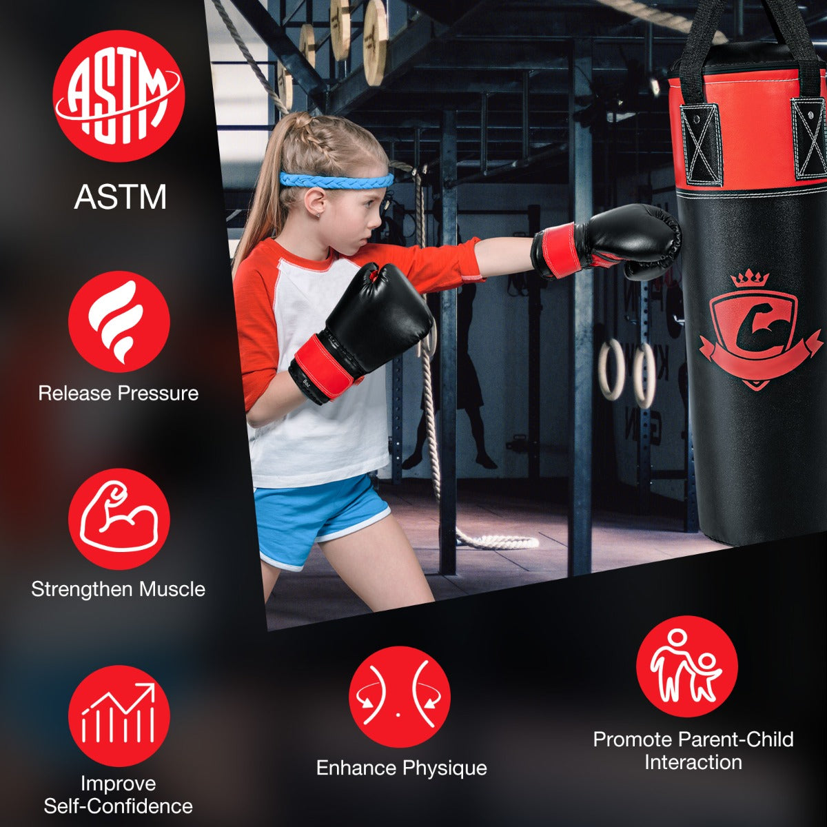 Kids Black Punching Bag Set | Gloves Wraps Storage Bag