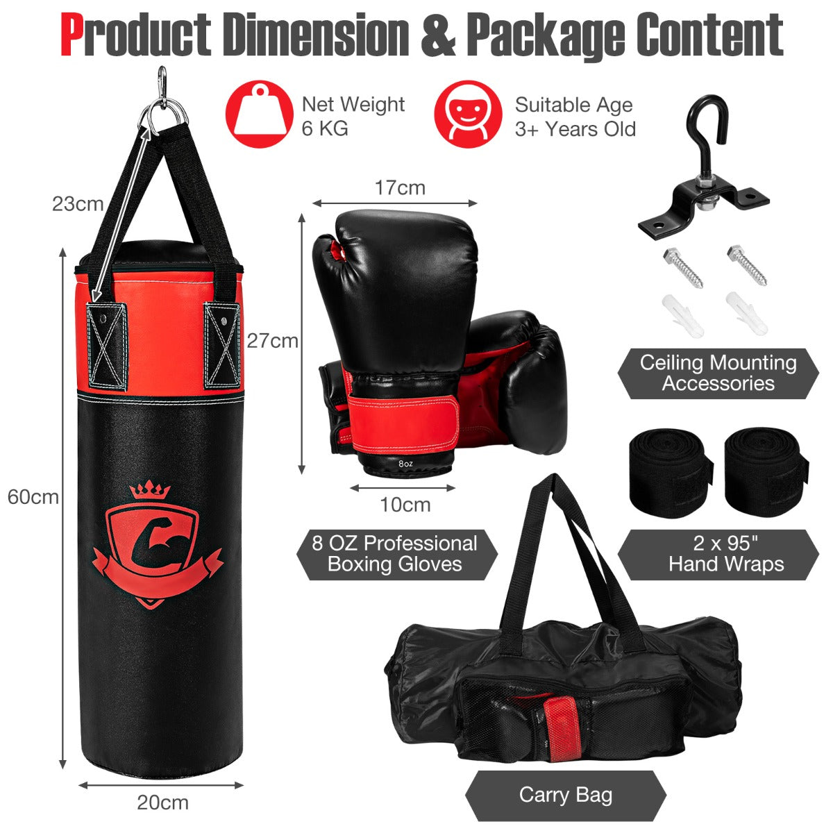 Kids Black Punching Bag Set | Gloves Wraps Storage Bag