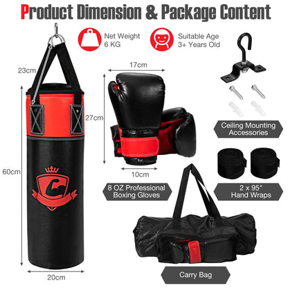 Kids Black Punching Bag Set | Gloves Wraps Storage Bag