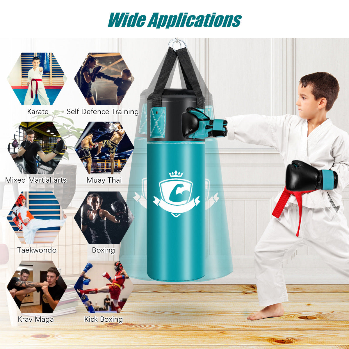 Kids Turquoise Punching Bag Set | Gloves Hand Wraps Storage