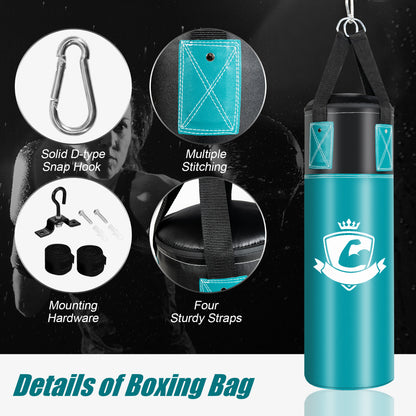 Kids Turquoise Punching Bag Set | Gloves Hand Wraps Storage