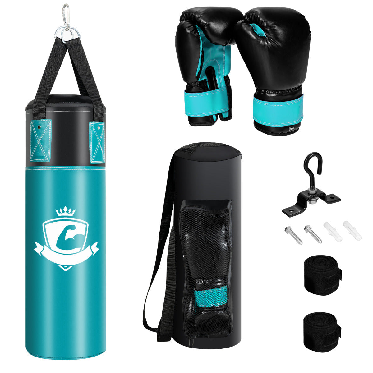 Kids Turquoise Punching Bag Set | Gloves Hand Wraps Storage