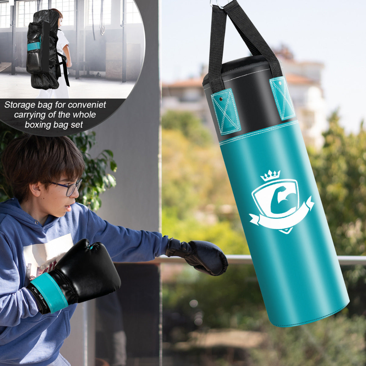 Kids Turquoise Punching Bag Set | Gloves Hand Wraps Storage