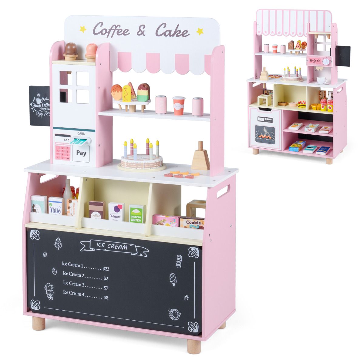 Pink Wooden Ice Cream Shop | 27 Accessories | Kids Grocery Store