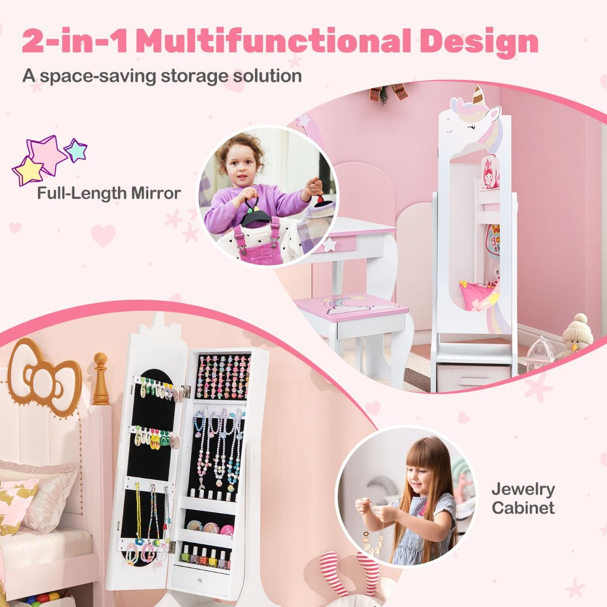 White full-length mirror jewelry cabinet for kids combines storage and style with hidden compartments.