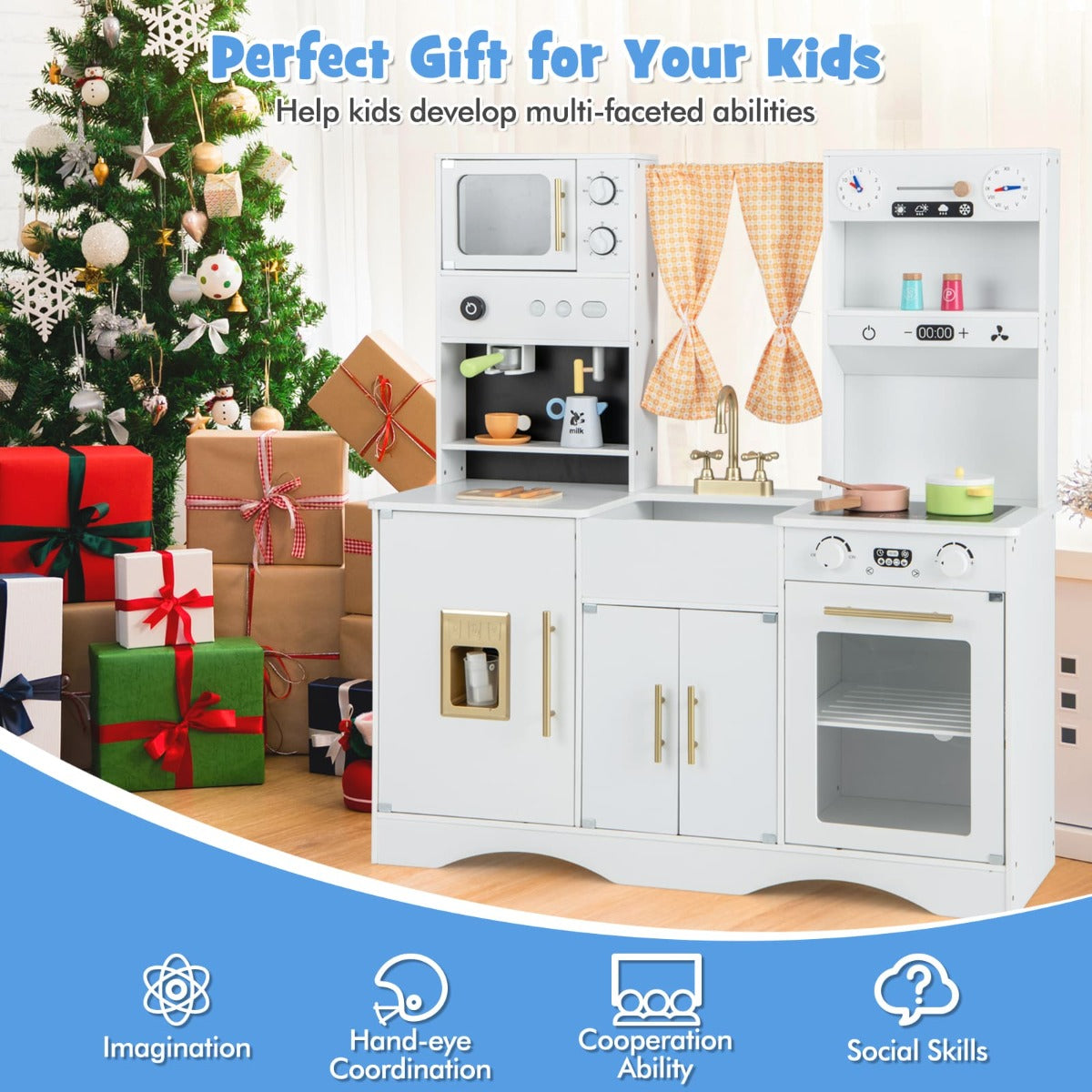 Kids wooden play kitchen set with microwave and coffee maker for creative play.