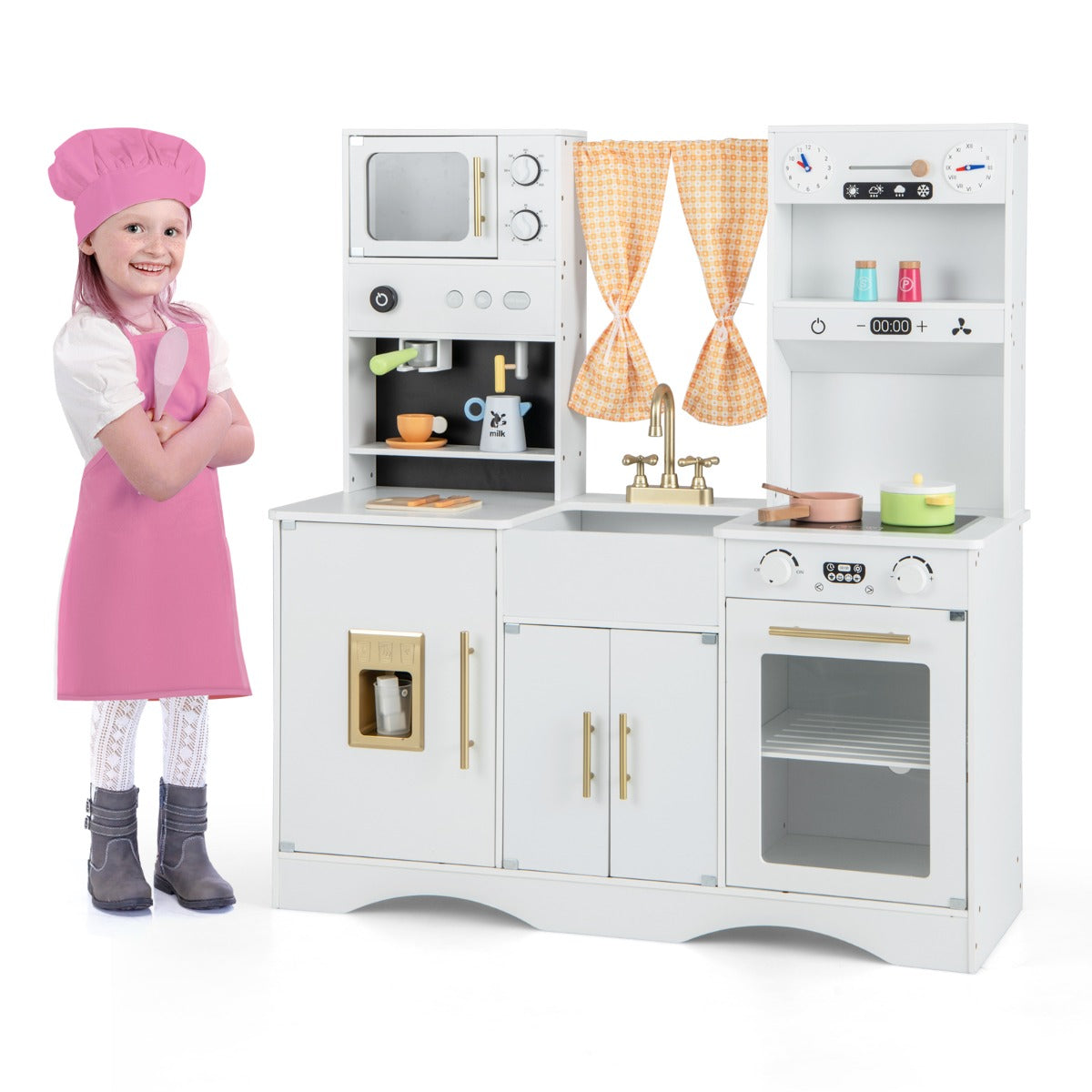 Kids wooden play kitchen set with microwave, coffee maker,  accessories for creative play.