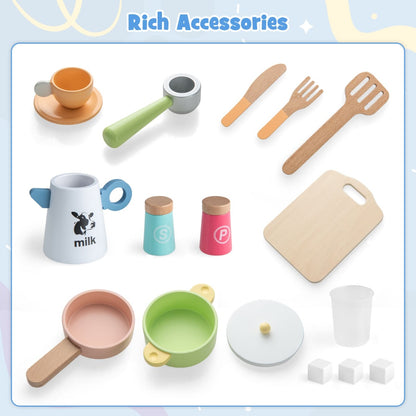 Wooden kids play kitchen set with microwave, coffee maker, and accessories for imaginative play.