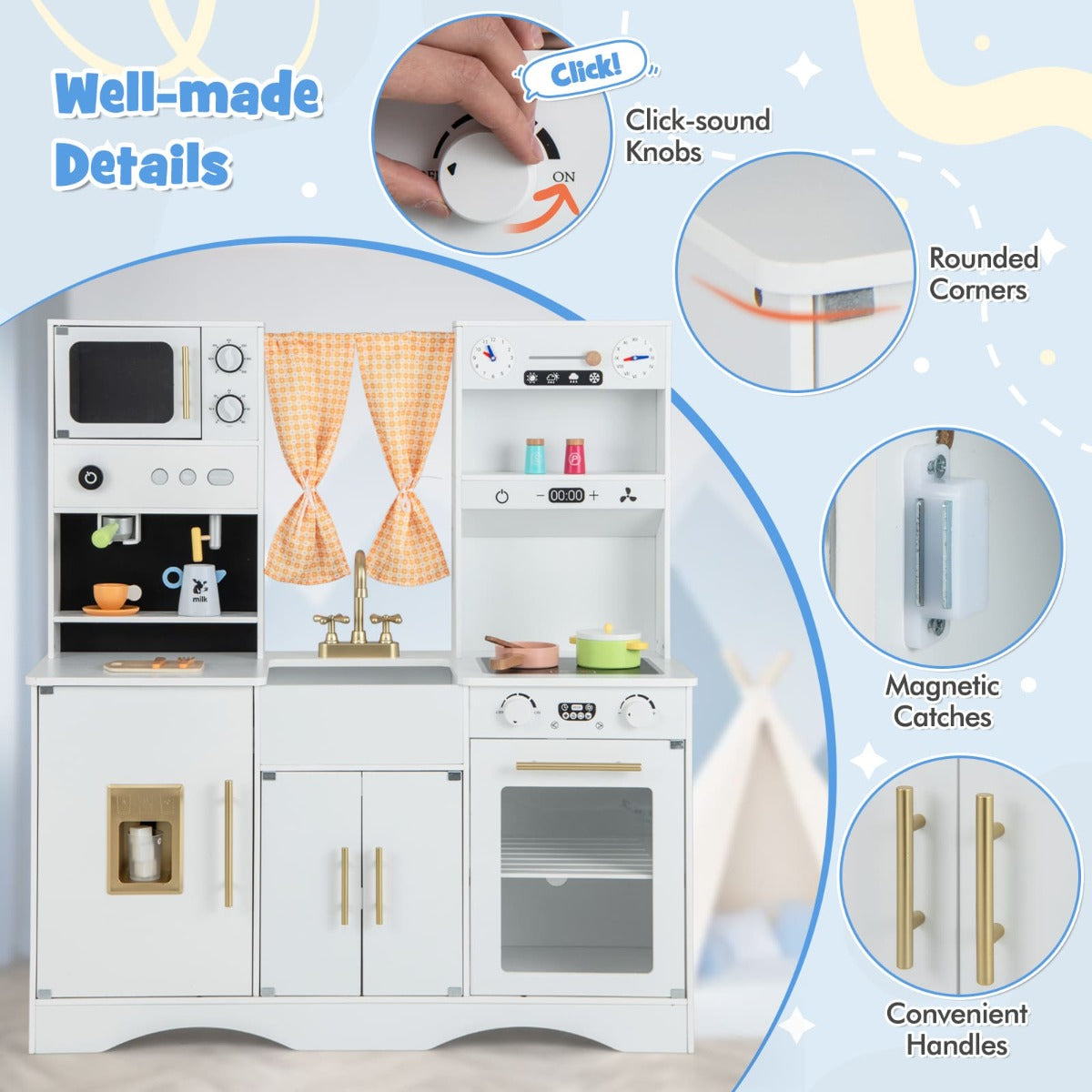 Kids wooden play kitchen set with microwave, coffee maker, and accessories for ages 3+