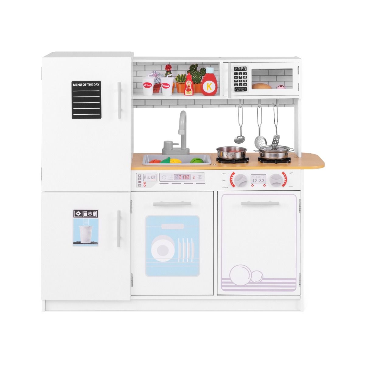 Childrens white kitchen playset featuring realistic stoves and a removable sink for interactive cooking adventures.