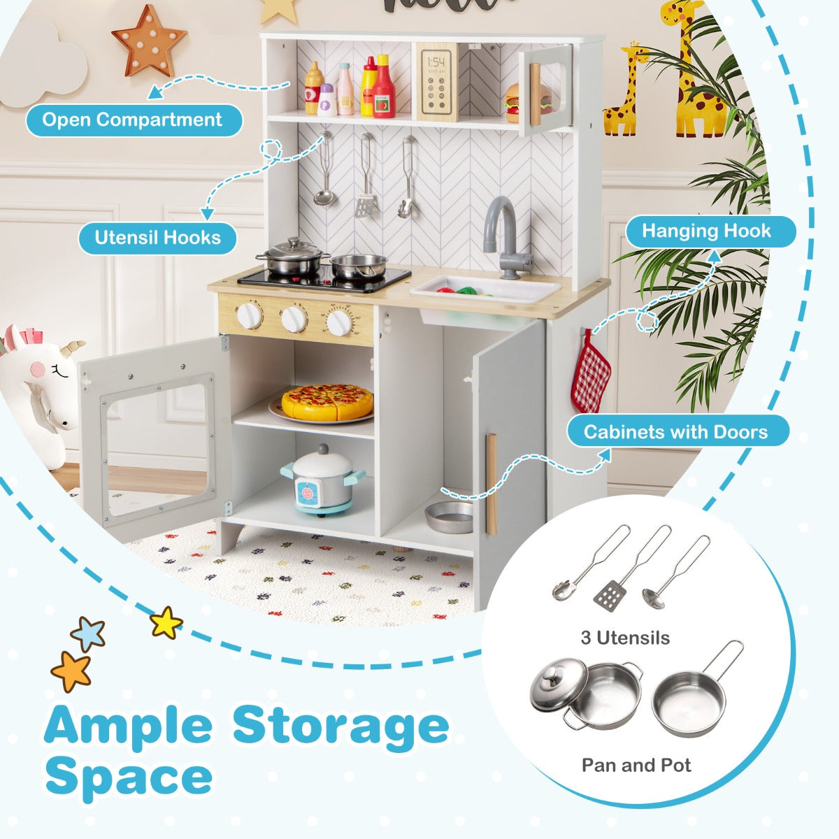 White Kids Kitchen Playset | Lights Sounds Storage | 3+ Years