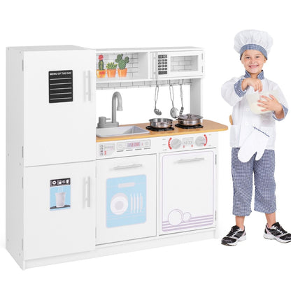 White childrens kitchen playset featuring stoves and removable sink for imaginative cooking and cleaning play.