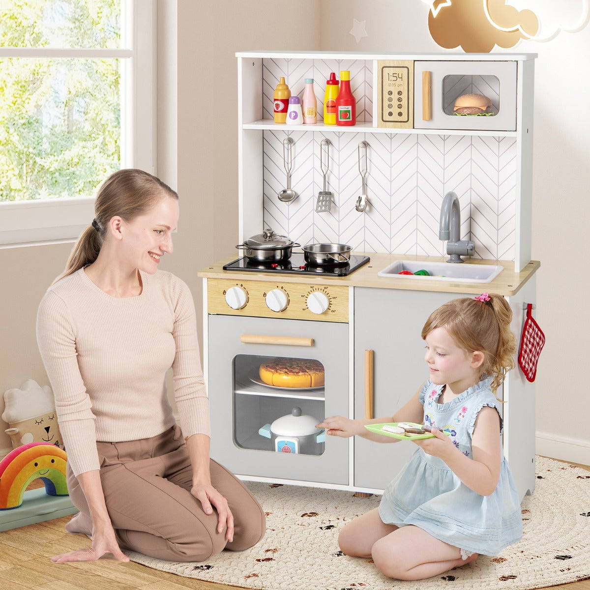 White Kids Kitchen Playset | Lights Sounds Storage | 3+ Years
