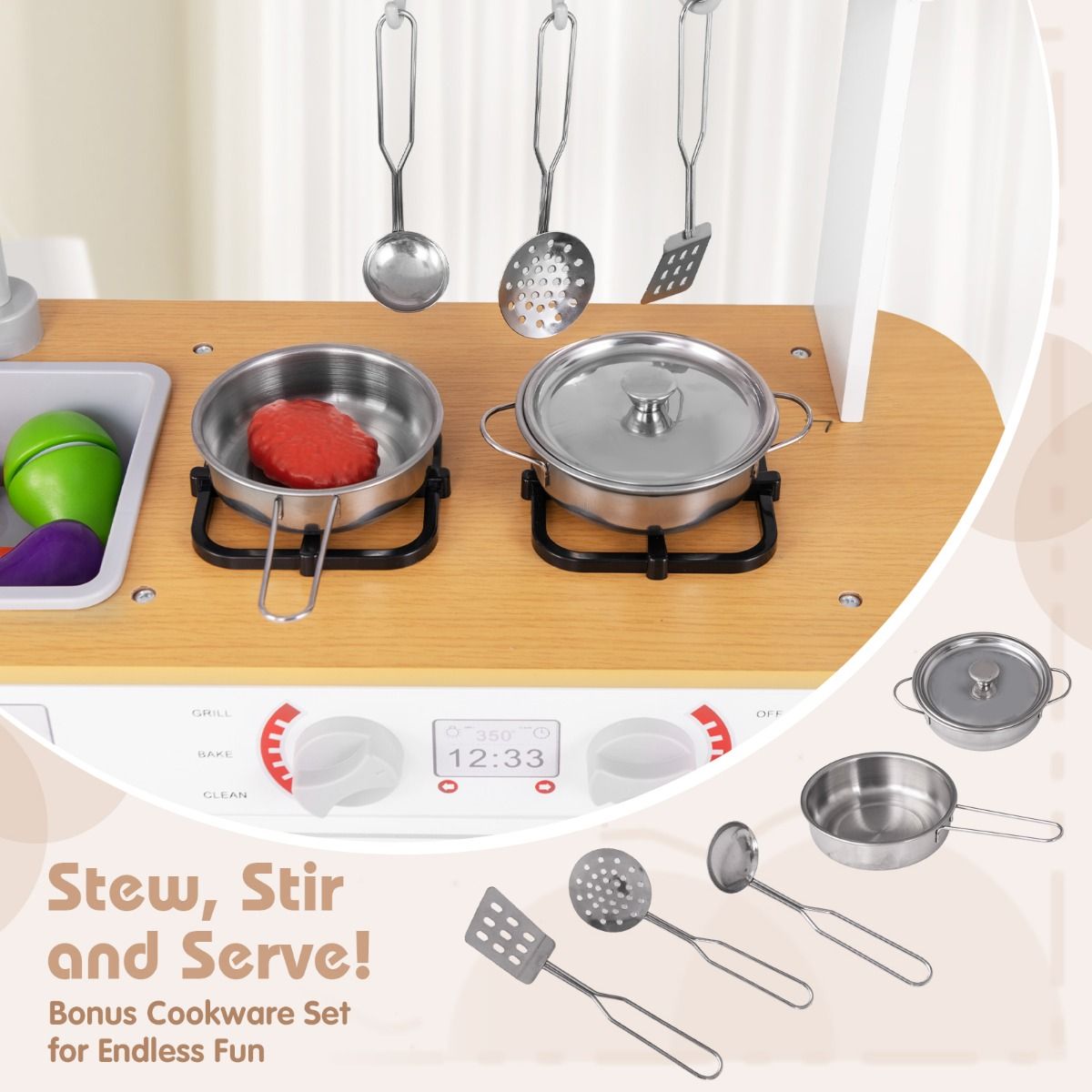 White childrens kitchen playset featuring stoves and removable sink for interactive cooking and cleaning pretend play.