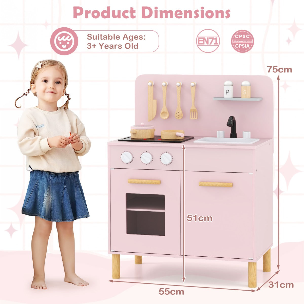 Pink Kids Kitchen Playset | Light Up Stove & Cooking Toys 3+