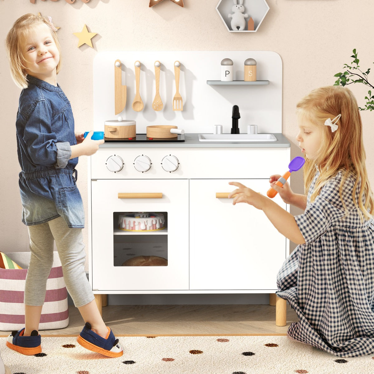 Pink White Kids Kitchen Playset | Light Sound Stove & Cookware