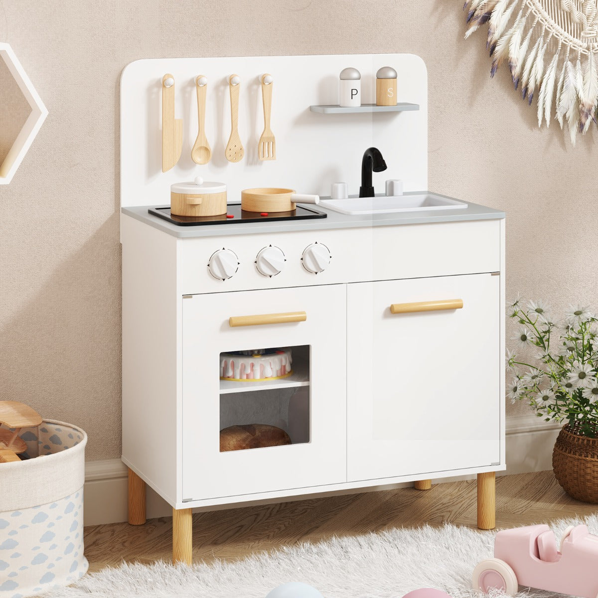 Kids Kitchen Playset with Light up Stove and Kitchen Accessories-White