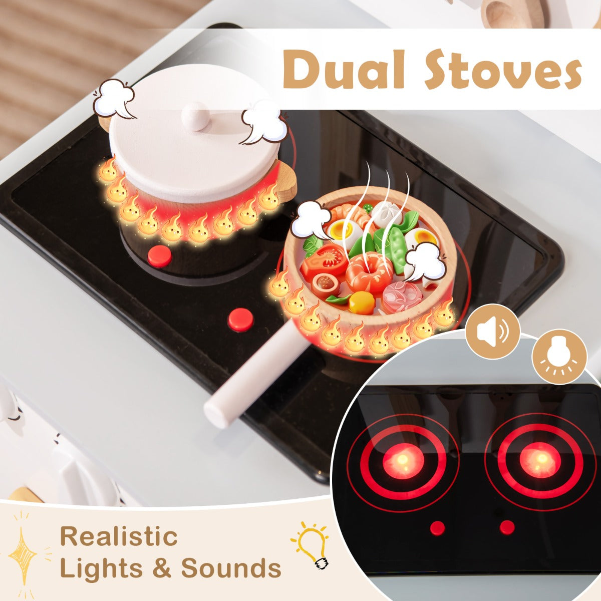 Pink White Kids Kitchen Playset | Light Sound Stove & Cookware