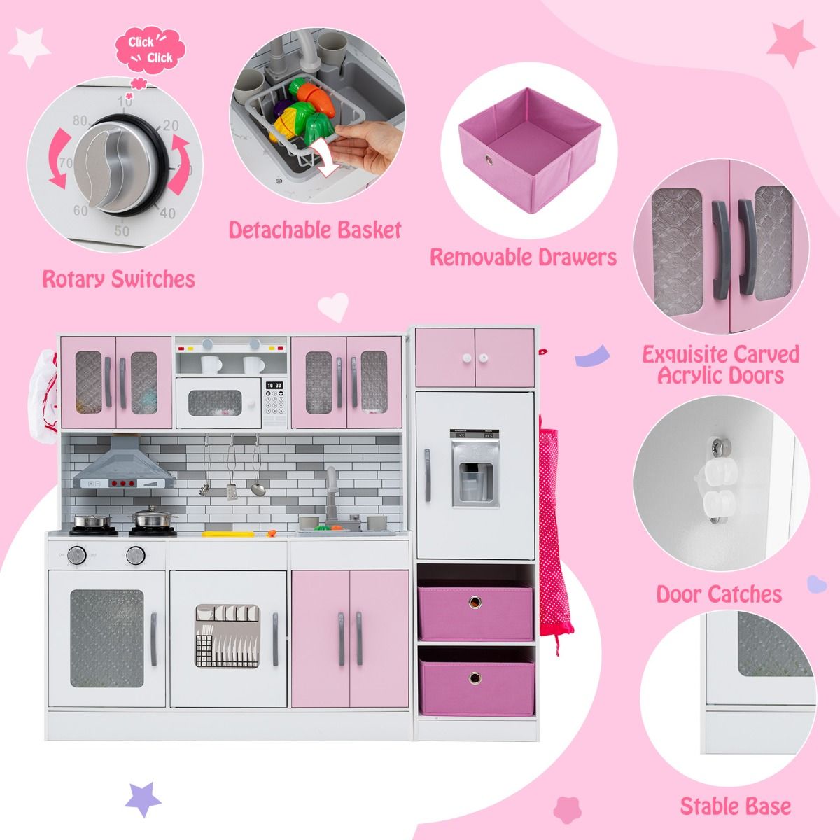 Kids Kitchen Playset | Pink Interactive Cooking Set with Lights