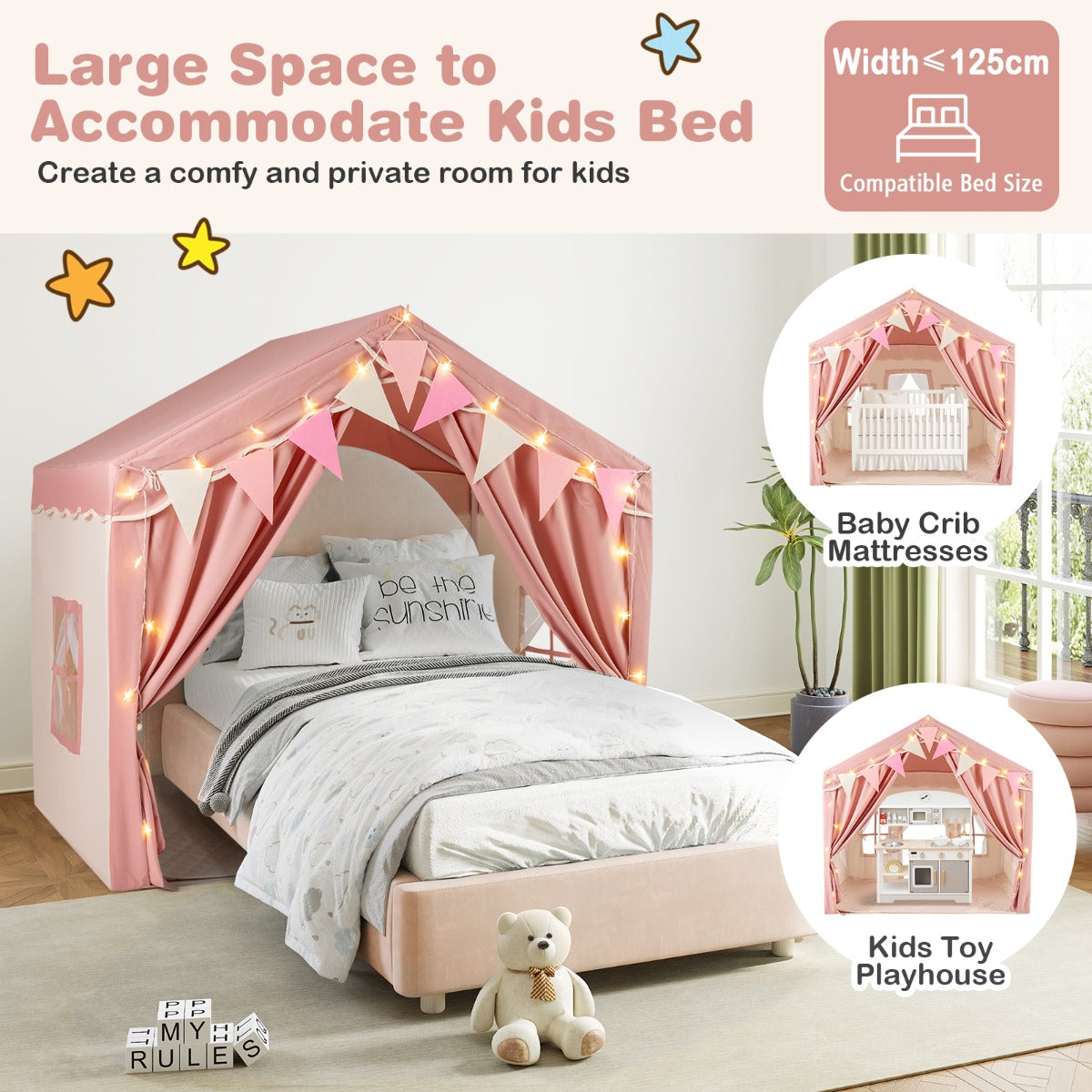 Pink Play Tent House | 2 Doors Star Lights | 3-4 Kids Space