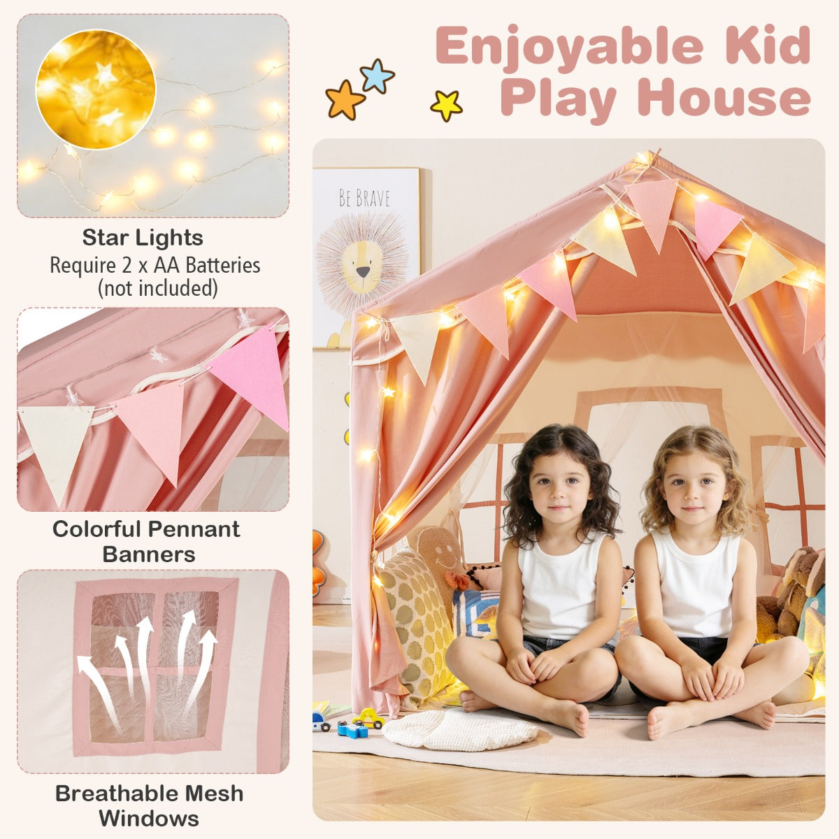 Pink Play Tent House | 2 Doors Star Lights | 3-4 Kids Space